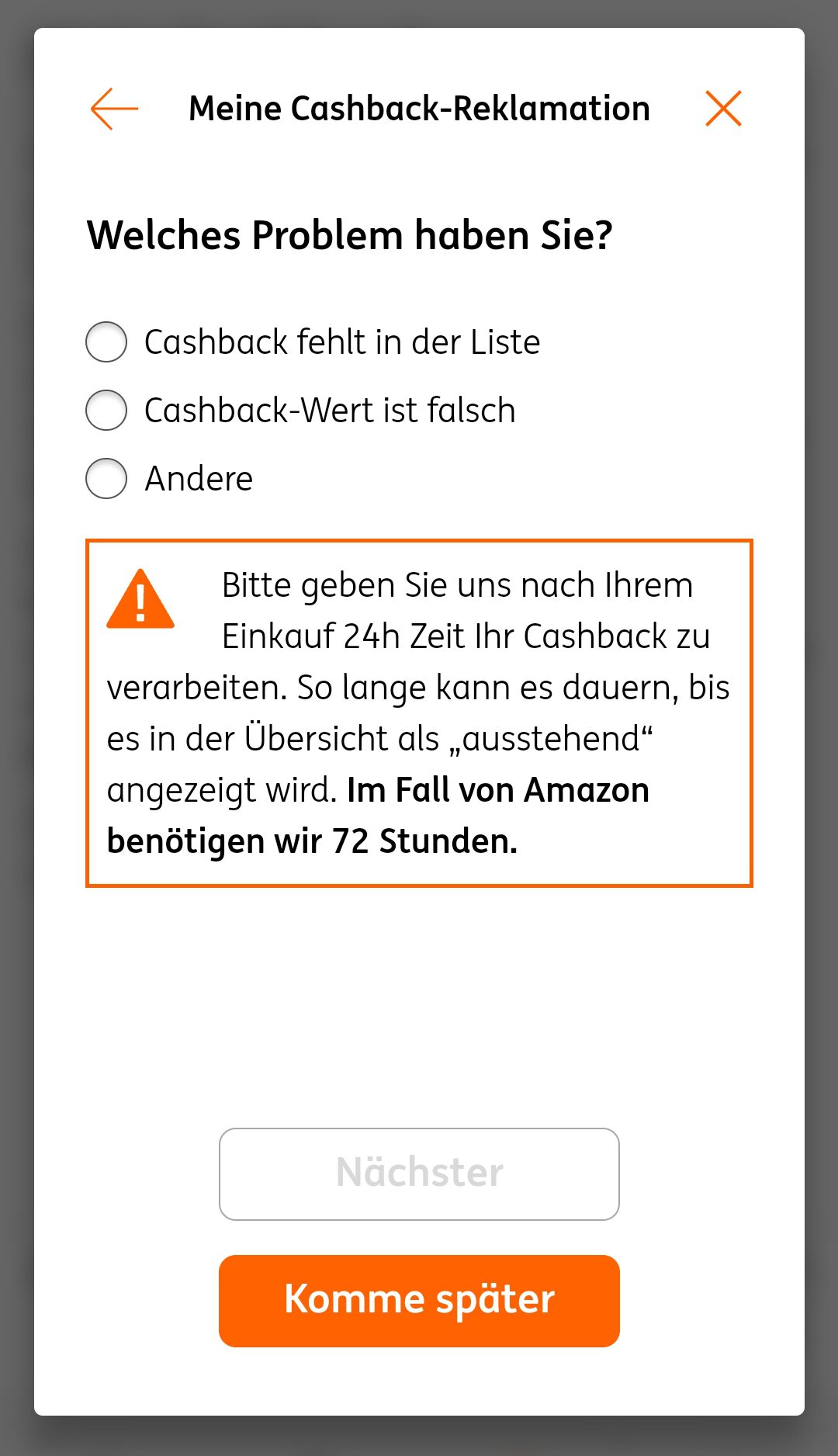 Unter "Cashback" bei DealWise kannst du eine Nachbuchungsanfrage stellen