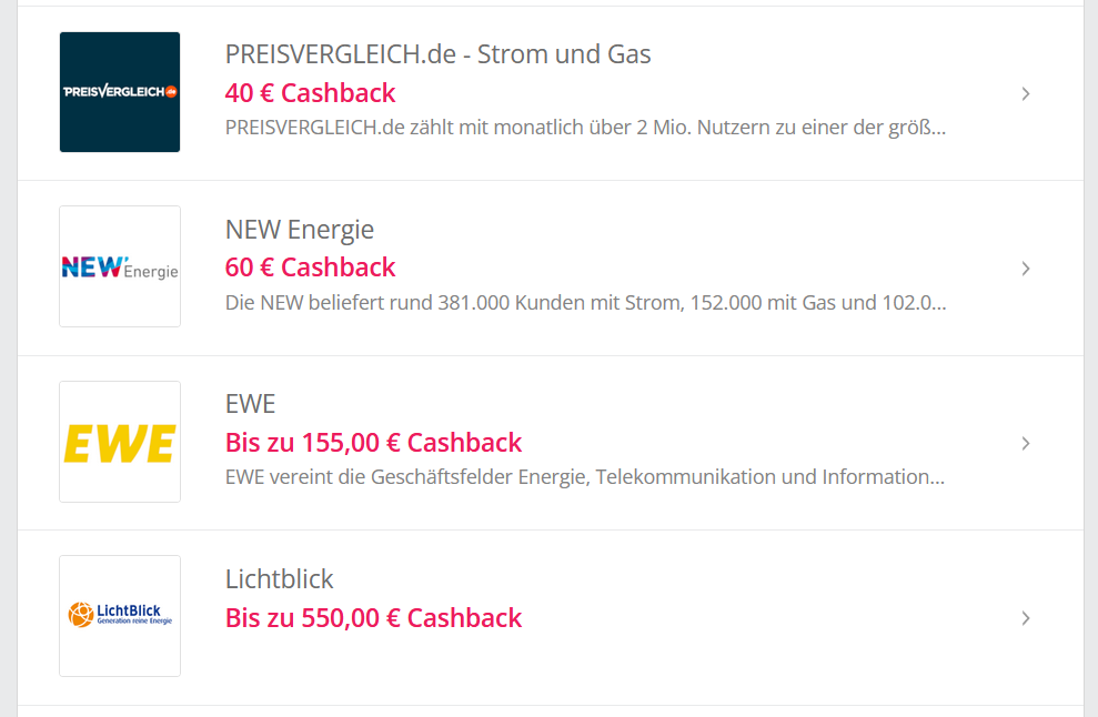 TopCashback: Bei der Kategorie Gas & Strom sind die Cashbackrraten besonders hoch.
