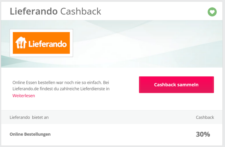 TopCashback Aktionsseite Lieferando